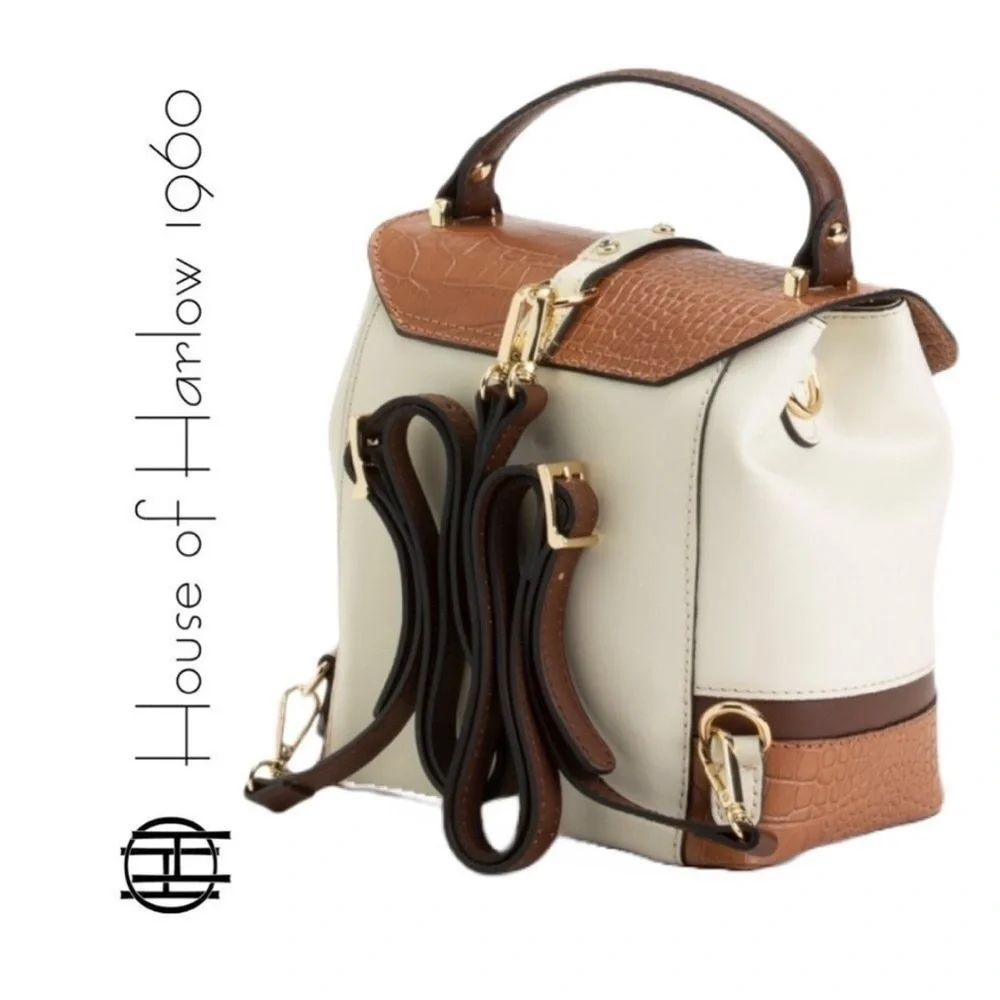 NWT House of Harlow 1960 Cream & Brown Stud Embellished Crossbody/Bag Backpack